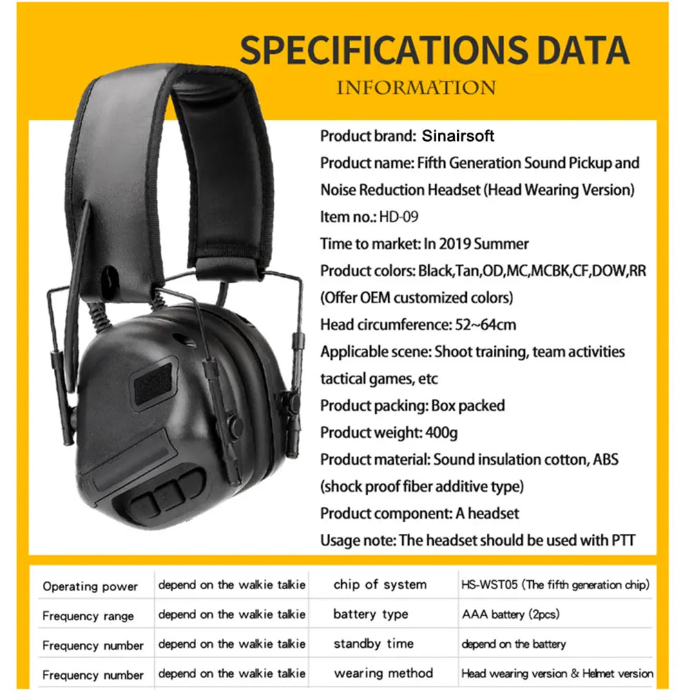 SINAIRSOFT New Tactical Headset Pickup Noise Cancelling Headphones Communication Earphone
