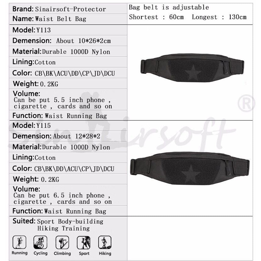 SINAIRSOFT Lightweight Belt Fanny Pack Waist Bag Camping Running Hiking Zip Bag