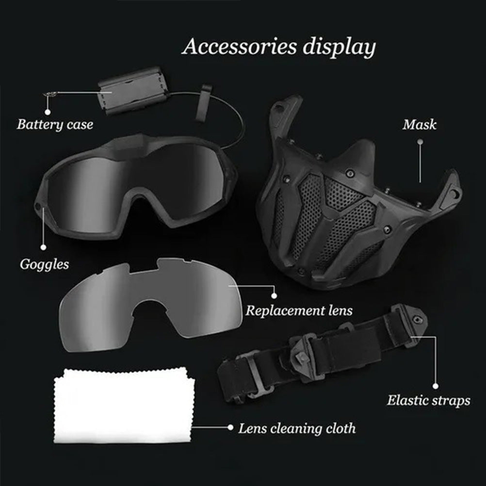 SINAIRSOFT Tactical Hunting Antifog Full Face Mask Fan Goggles Lens + Half Face Mask Set